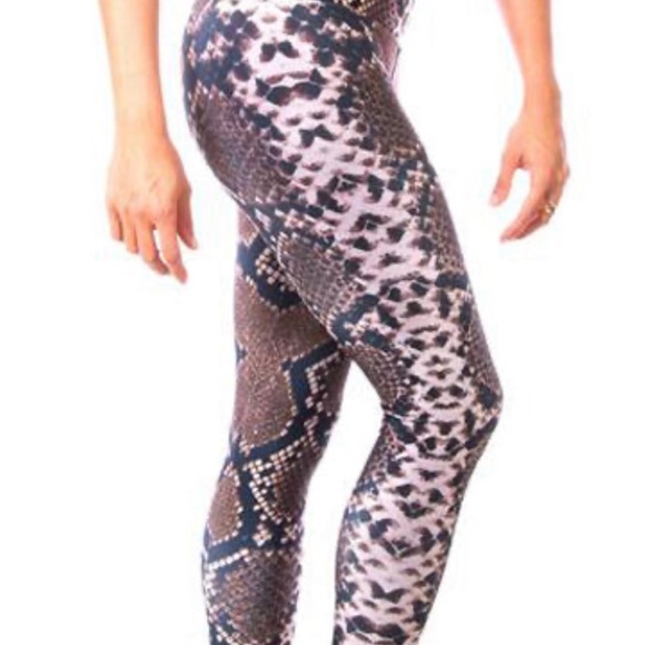 Brown Python Print Leggings. Compression Yoga Pants. - Picture 3 of 7